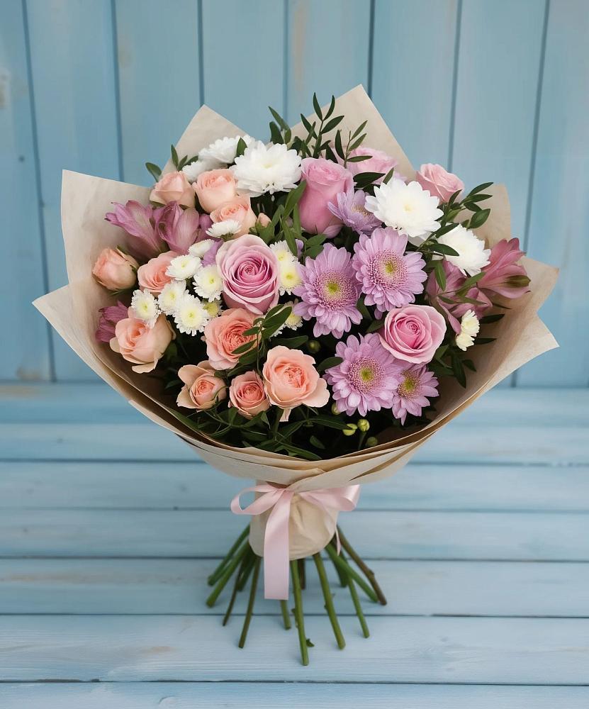 Букет цветов из: Хризантемы, Розы и Альстромерии в Никольское