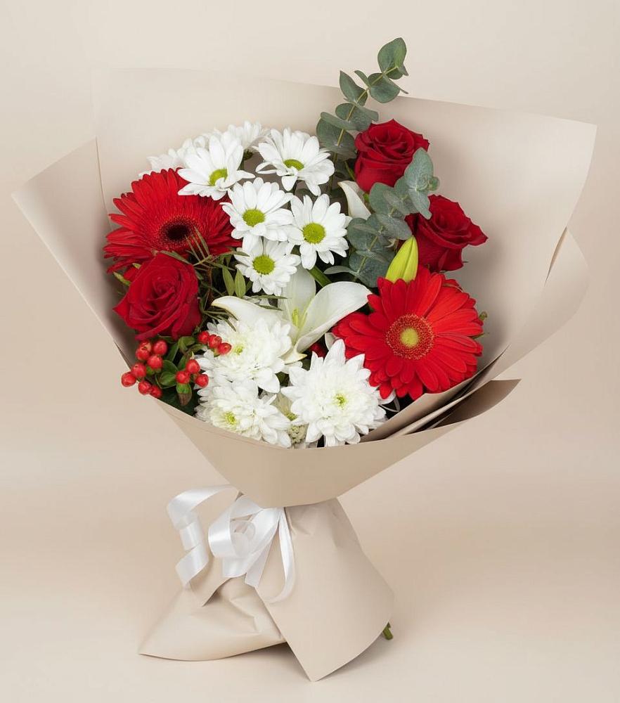 Букет цветов из: Розы, Хризантемы, Герберы и Лилии в Никольское