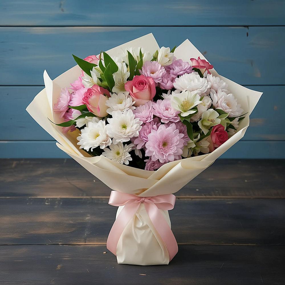 Букет цветов из: Хризантемы, Альстромерии и Розы в Никольское